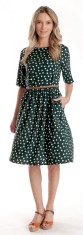 Rochie Medie Dama V273, Verde inchis cu buline albe - L