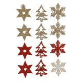 Autocolante Crăciun, Decorative, Stele, Brazi și Fulgi din Lemn, Glitter Roșu și Auriu, 3.5x3.5cm, Set 12 Bucăți