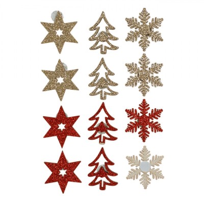 Autocolante Crăciun, Decorative, Stele, Brazi și Fulgi din Lemn, Glitter Roșu și Auriu, 3.5x3.5cm, Set 12 Bucăți foto
