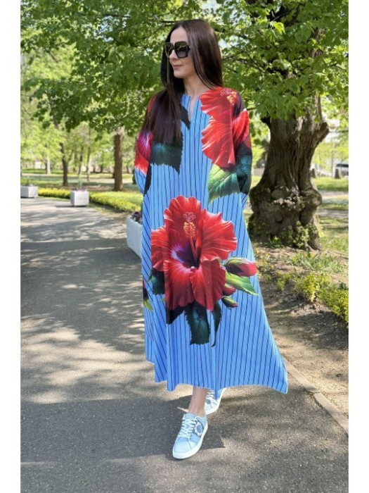 ROCHIE MAXI CU BUZUNARE SI MANACA LUNGA HIBISCUS STRIPES TALIE UNICA Multicolora