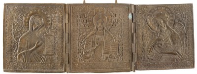 IIsus Pantocrator, Maica Domnului, Sf. Ioan Botezatorul, Triptic de calatorie din bronz, Rusia, Sec. 19 foto