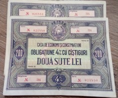 Lot 2 Obligațiuni 200 lei RSR CEC 4% serii consecutive