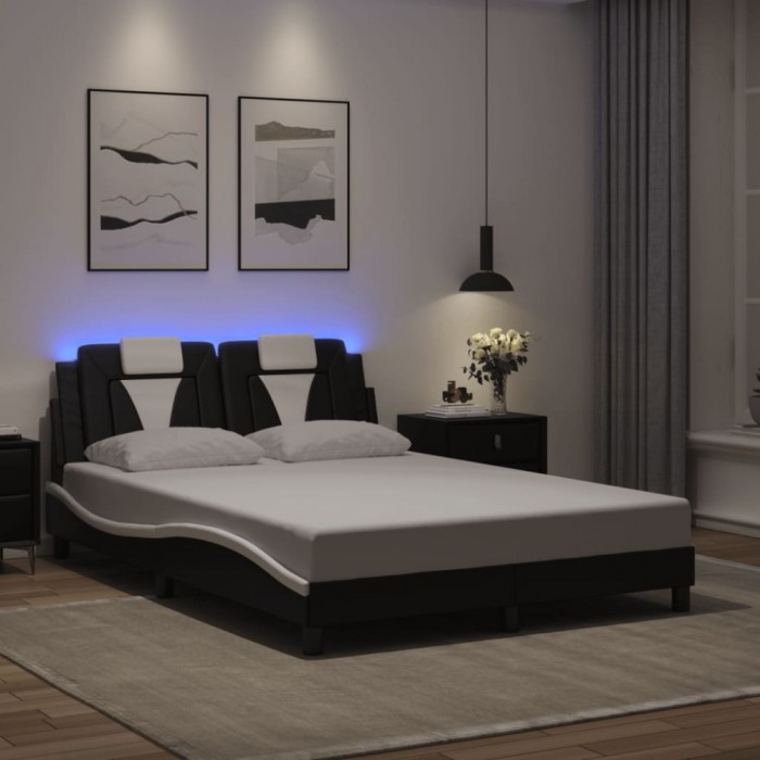 vidaXL Cadru de pat cu lumini LED negru/alb 140x190 cm piele ecologică 3214020
