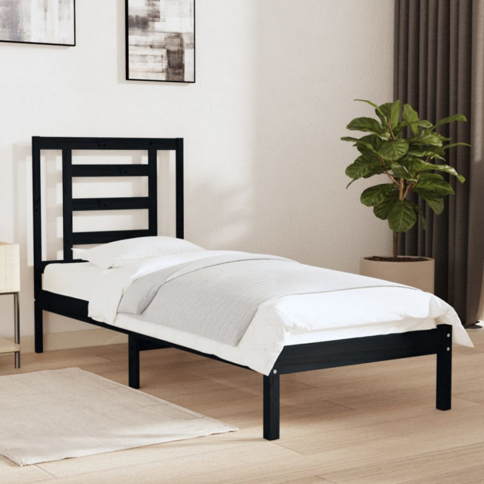 Cadru de pat mic single, negru, 75x190 cm, lemn masiv GartenMobel Dekor