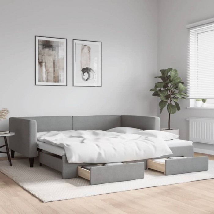 vidaXL Pat de zi cu extensie și sertare, gri deschis 100x200 cm textil 3196619