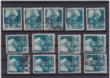 Lot 13 TIMBRE Romania 1936 CAROL II 16 lei POSTA Variante culoare Stampilate, Regi, Stampilat