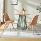 Set 2 scaune dining tapitate boucl&eacute; taupe cu picioare din lemn