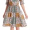 Rochie Medie Dama V275, Imprimeu Combinat Crem, Mustar si Verde - L