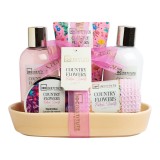 Set 5 produse de ingrijire Country Flower cu suport ceramic, IDC Institute 56232, 600 ml