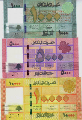 Bancnota Liban 1.000 , 5.000 si 10.000 Livre 2014-16 - P90-92 UNC ( set x3 ) foto