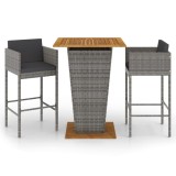 Set mobilier bar de gradina, cu perne, 3 piese, gri, poliratan