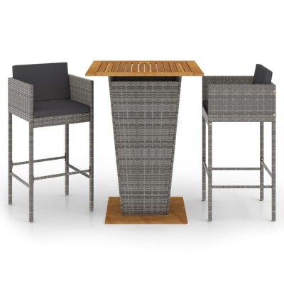 Set mobilier bar de gradina, cu perne, 3 piese, gri, poliratan foto