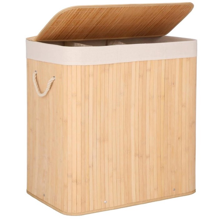 Cos de rufe din bambus, pliabil, cu captuseala detasabila lavabila, 3 compartimente, 150L, 63x42x62cm, maro