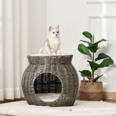 PawHut Cos pentru Pisici din rattan PE cu 2 Niveluri cu Perne de Plus Lavabile, ?50x43.5cm - Gri Inchis foto