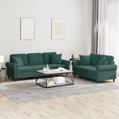 vidaXL Set canapea cu perne, 2 piese, verde &amp;icirc;nchis, catifea 3202272 foto