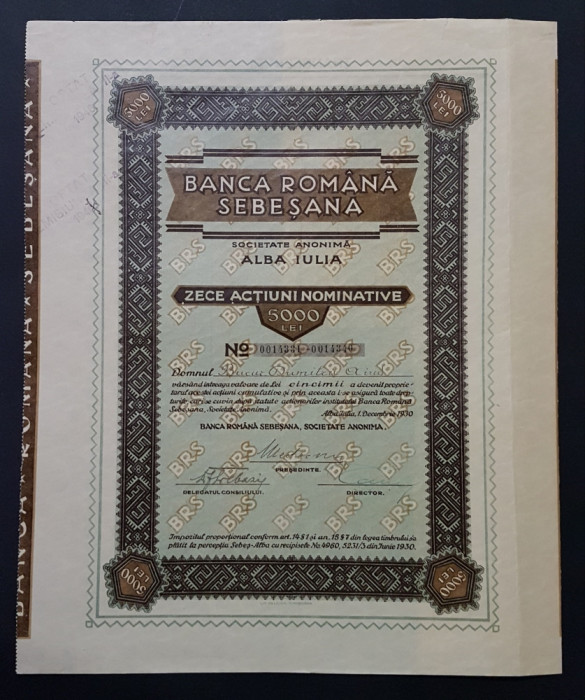 Actiune 1930 Alba Iulia , banca Sebesana , titlu 10 actiuni nominative