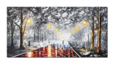 Tablou GIGANT indragostiti pictat manual living, dormitor, Noi doi sub o umbrela, 140x70cm ulei pe panza in cutit efect 3D