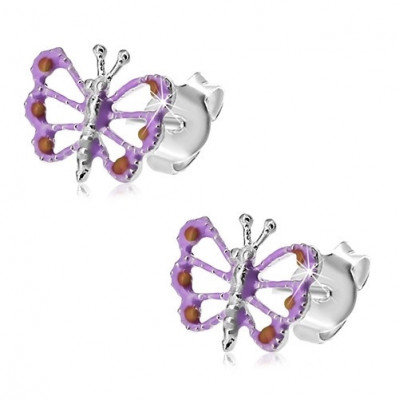 Cercei din argint 925, fluture violet şi portocaliu cu aripi crestate foto
