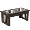 PawHut Suport 2 Boluri Inox Caini Lemn Hranitor Animale Inaltime Reglabila Anti-Varsare