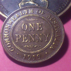 One 1 Penny 1919 Australia , ( punct sub baza ) , stare aUNC (AU58 - MS60 )