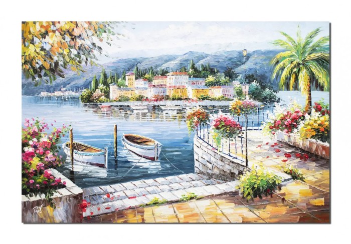 Tablou GIGANT lacul Como pictat manual , Colt de rai, 150x100cm ulei pe panza in relief Valentin Pop