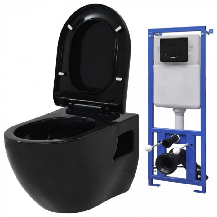 vidaXL Vas toaletă suspendat cu rezervor &icirc;ncastrat, negru, ceramică