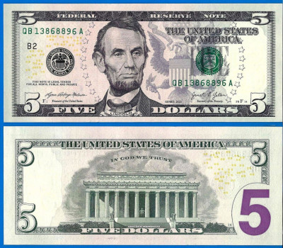 USA SUA █ bancnota █ 5 Dollars █ 2021 █ P-551 █ B2 New York █ UNC █ necirculata foto