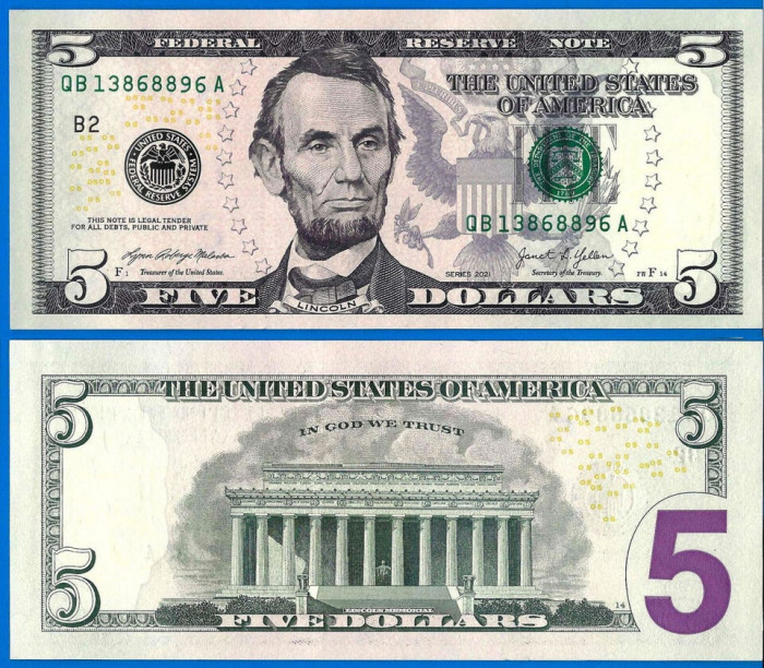 USA SUA █ bancnota █ 5 Dollars █ 2021 █ P-551 █ B2 New York █ UNC █ necirculata