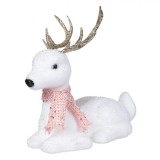 Figurină Crăciun, Cerb, Alb, Spumă, 21cm, Fular Roz, Glitter Bej șampanie, Oem
