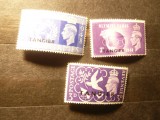 3 Timbre Oficiul Britanic in Tanger : 3p 1946 si 2 1/2p si 3p (pliu) supratipar