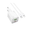 Pachet Incarcator Hoco Dual Fast Charger Putere 20W, 1 x USB, 1 x UsbC, Cablu UsbC La Lightning Inclus, Alb,