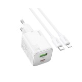 Cumpara ieftin Pachet Incarcator Hoco Dual Fast Charger Putere 20W, 1 x USB, 1 x UsbC, Cablu UsbC La Lightning Inclus, Alb,