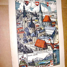 7947a-Salzburg Austria panorama centrala gravura veche color carton gros.