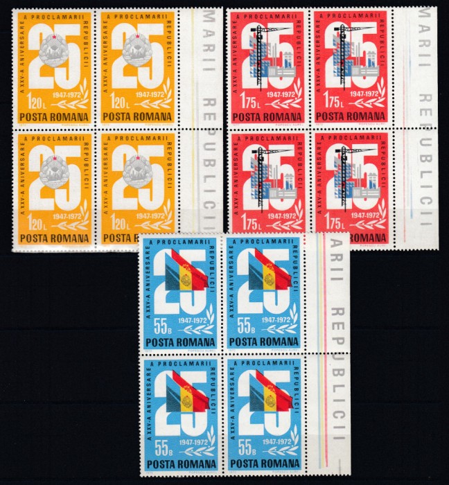 ROMANIA 1972 LP 813 A XXV-a ANIV A PROCLAMARII REPUBLICII BLOCURI 4 TIMBRE MNH