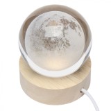 Lampa led decorativa, flippy, cu bila de cristal cu diametru 6cm, model luna 3d, alimentare usb, suport din lemn, lumina alb cald