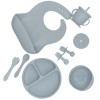 Set 8 piese hranire bebelusi, diversificare, silicon, baveta, farfurie, bol cu ventuza, lingurita si furculita, cana gustari, fara alergeni, blue