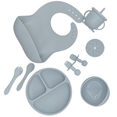 Set 8 piese hranire bebelusi, diversificare, silicon, baveta, farfurie, bol cu ventuza, lingurita si furculita, cana gustari, fara alergeni, blue foto