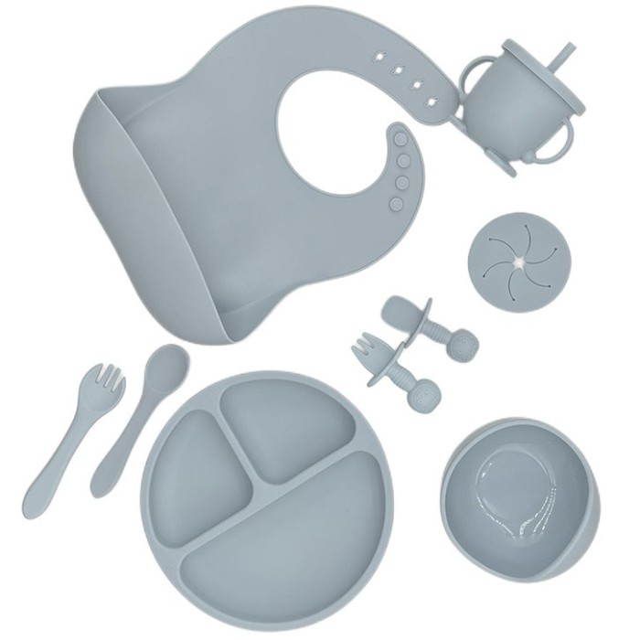 Set 8 piese hranire bebelusi, diversificare, silicon, baveta, farfurie, bol cu ventuza, lingurita si furculita, cana gustari, fara alergeni, blue