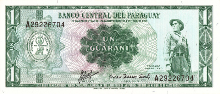 Bancnota Paraguay, 1 Guarani (circa 1963, revers: Palatul Legislativ), UNC