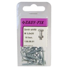 Surub cu cap bombat, amprenta cruce, cu piulita, Easy-Fix, otel, zincat alb, M3 x 20 mm, set 16 bucati