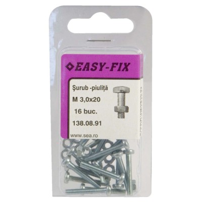 Surub cu cap bombat, amprenta cruce, cu piulita, Easy-Fix, otel, zincat alb, M3 x 20 mm, set 16 bucati foto