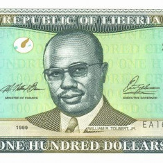 LIBERIA █ bancnota █ 100 Dollars █ 1999 █ P-25a █ UNC █ necirculata