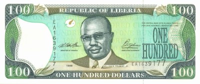 LIBERIA █ bancnota █ 100 Dollars █ 1999 █ P-25a █ UNC █ necirculata foto