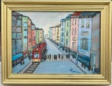 Mircea Popescu Tablou + Albumul artistului, Arta Naivă Aglomerație la tramvai, pictura ulei inramata 34x44cm