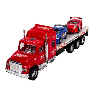 Camion de jucarie cu trailer si 2 masini sport, Rosu, 35x8x8 cm foto