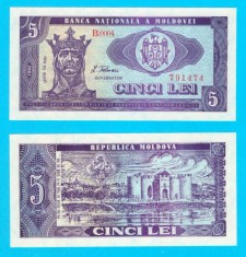 Moldova (p#6) 5 Lei 1992 UNC &#039;Prima emisie de Lei&#039; serie: B.0004 7914xx