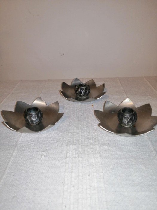 3x suport lumanare vintage forma floare de lotus staniu cositor PERLETINN Norvegia