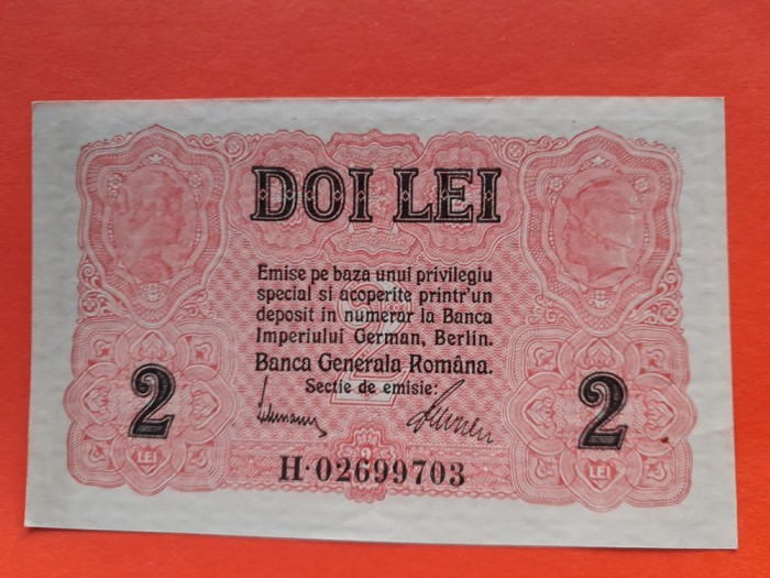 Bancnota 2 lei BGR (Banca Generala Romana) 1917 ocupatia germana UNC++