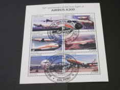 Coliță Filatelică Sierra Leone 2022 &ndash; 50 Ani Primul Zbor Airbus A300, 4 Timbre Obliterate &ndash; Piesă pentru colecționari Tematică Aviatică