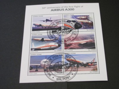 Coliță Filatelică Sierra Leone 2022 &amp;ndash; 50 Ani Primul Zbor Airbus A300, 4 Timbre Obliterate &amp;ndash; Piesă pentru colecționari Tematică Aviatică foto